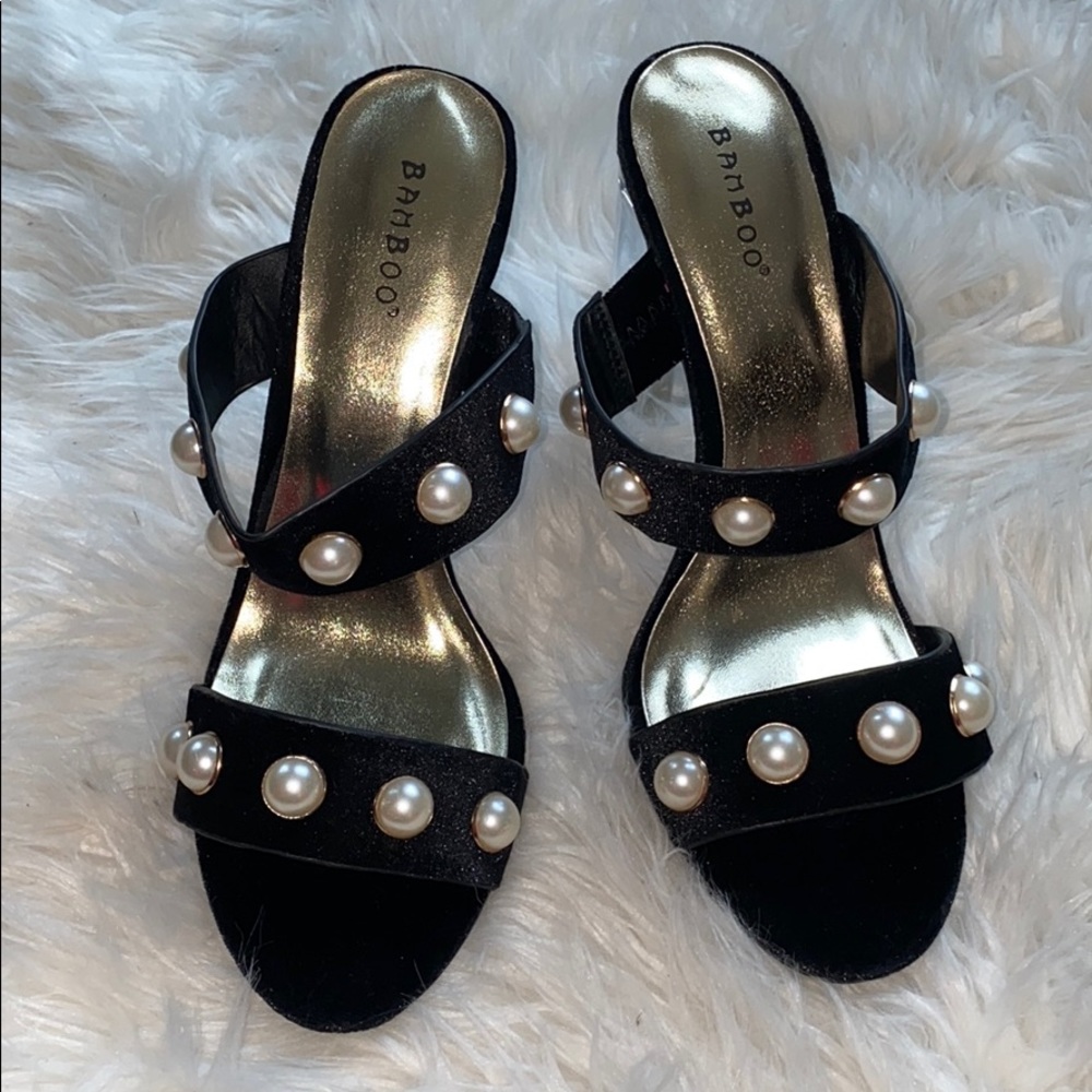 BAMBOO - Clear Heel Sandals with Pearl Accents